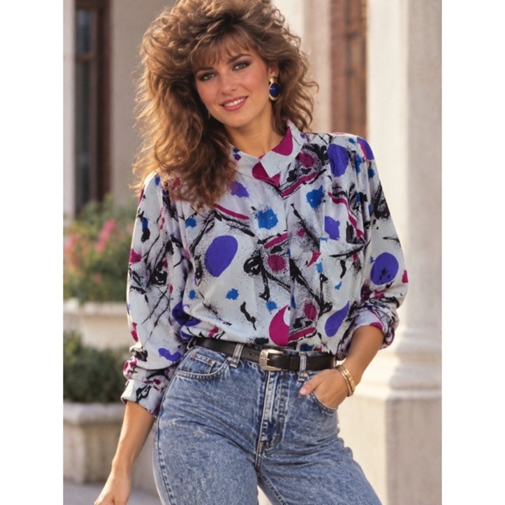Vintage Nicola Abstract Paint Splatter Blouse Gray Purple Blue 80s Retro Top